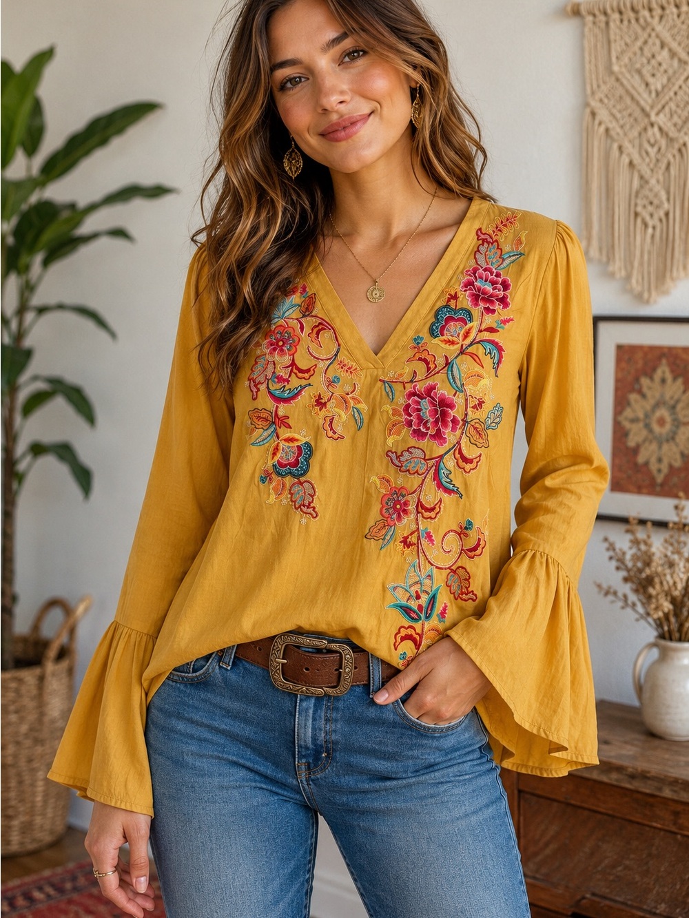 Savanna Jane Embroidered Boho Peasant Top Mustard Floral Bell Sleeve Large Chic